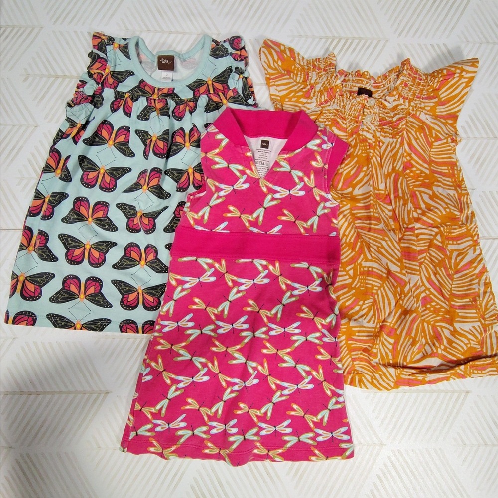 Tea Collection Girls Size 2 Dress Bundle Butterfly Dragonfly Palm Leaf Cotton